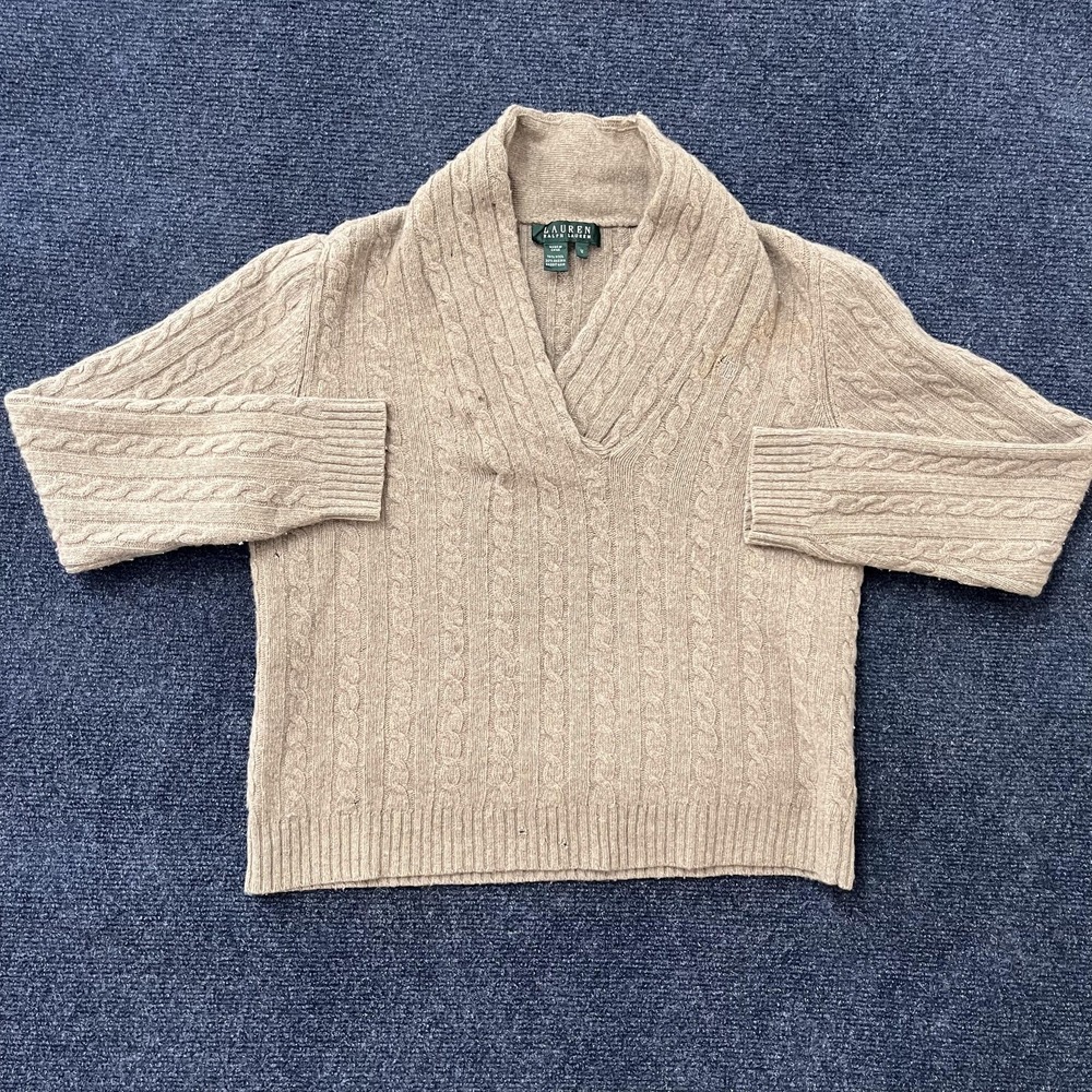 Lauren Ralph Lauren Sweater Womens Medium Beige Cable‎ Knit Angora Wool V Neck